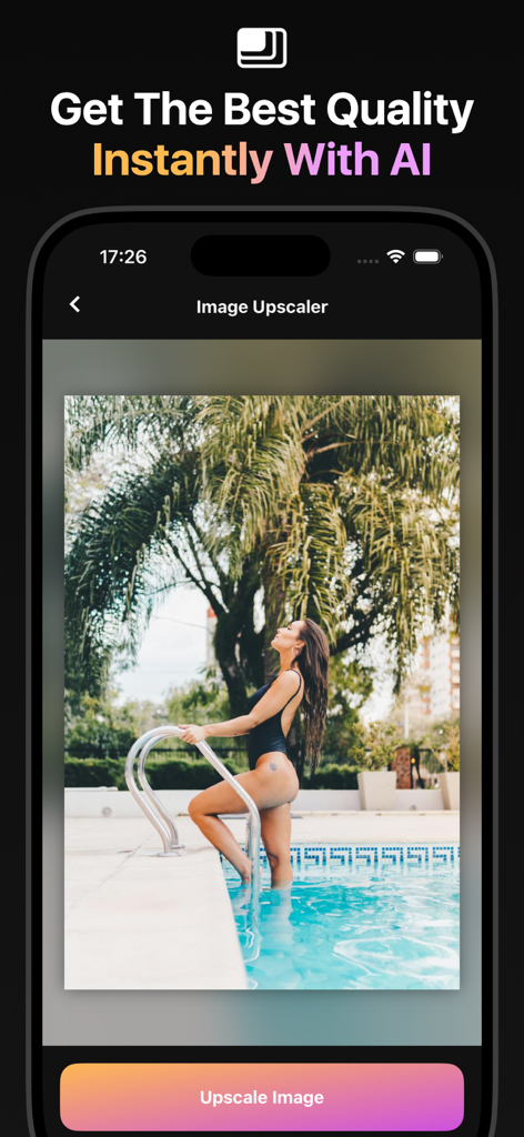 PixLab app interface showing the AI Image Upscaler tool with a photo of a woman at a swimming pool
