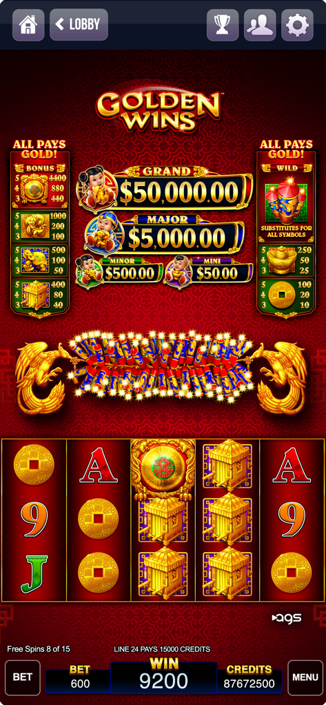 Lucky Play Casino Slots Games - Golden Wins slot machine gameplay in Lucky Play Casino showing Asian themed graphics and jackpots