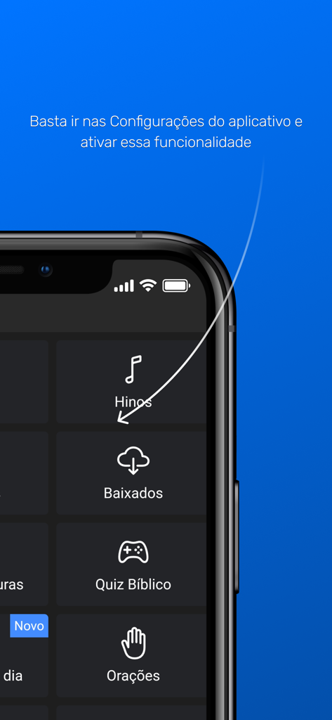 Biblia Sagrada Offline - Un smartphone mostrando el menú de la aplicación Biblia Sagrada sin Conexión en portugués con iconos para himnos, descargas y quizzes.