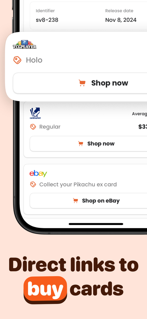 Acorn TCG Card Value Scanner - Acorn TCG app screen showing direct buy links for TCGPlayer Cardmarket and eBay marketplaces.