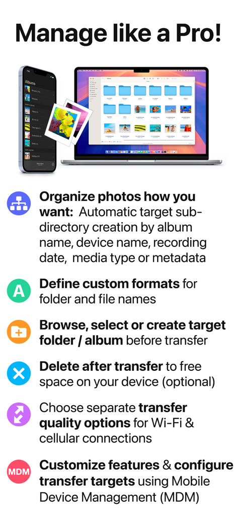 iPhone and MacBook displaying PhotoSync app features for professional photo organization and transfer