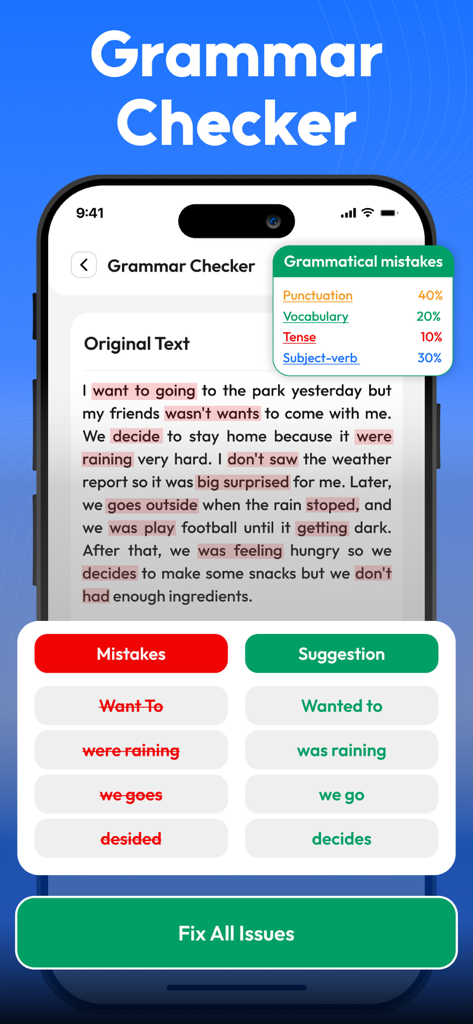 Paraphrase Tool - Humanize Ai - Mobile app interface of a grammar checker showing highlighted text errors and suggested corrections