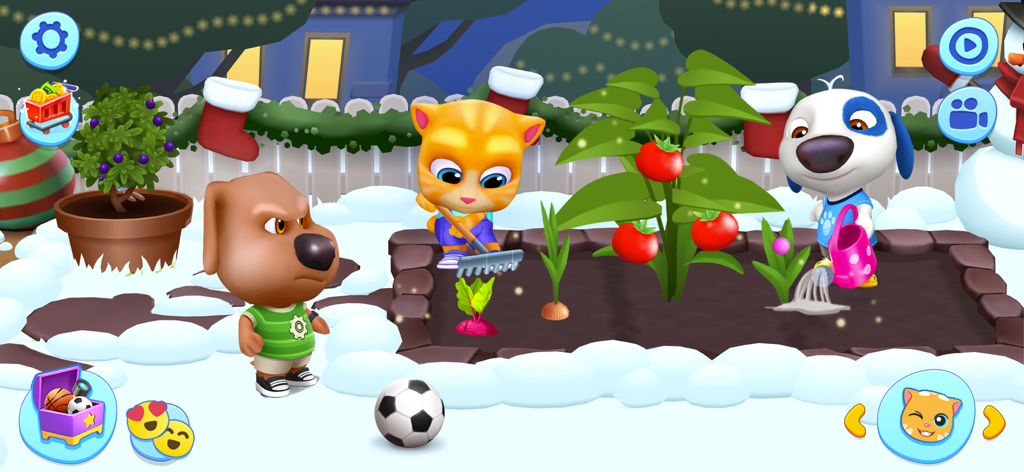 My Talking Tom Friends - Personagens de Talking Tom Ginger e Hank cuidando do jardim em um quintal nevado.