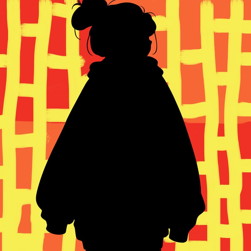 realistic girl with a oversized sweatshirt on and a bun