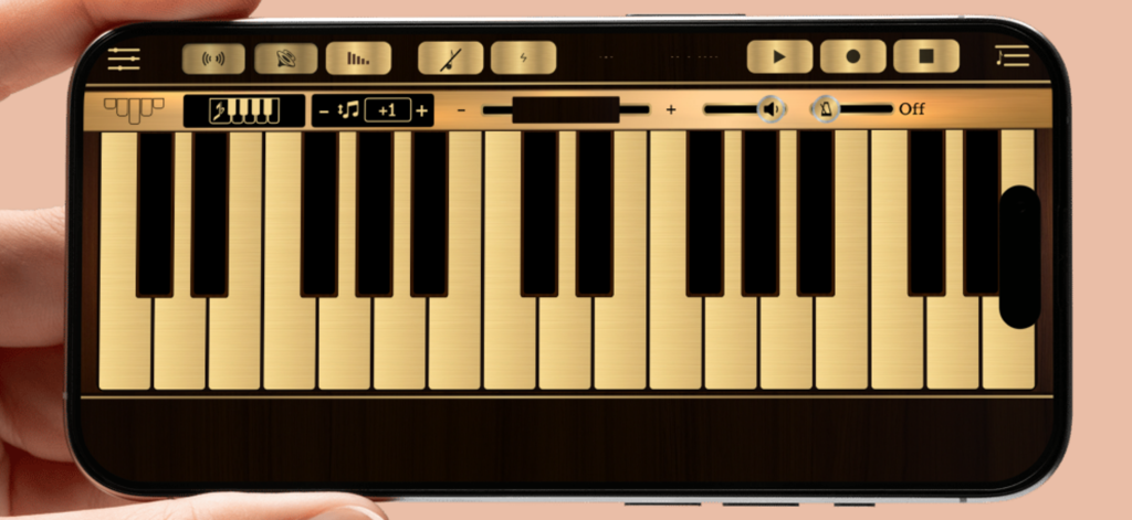 ゴールデンコントロールを備えたバーチャルピアノキーボードインターフェースを表示するKalimba Simアプリのスマートフォン画面。