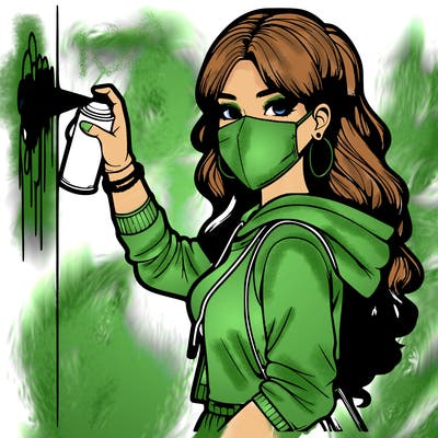 realistic girl with mask spray painting a wall