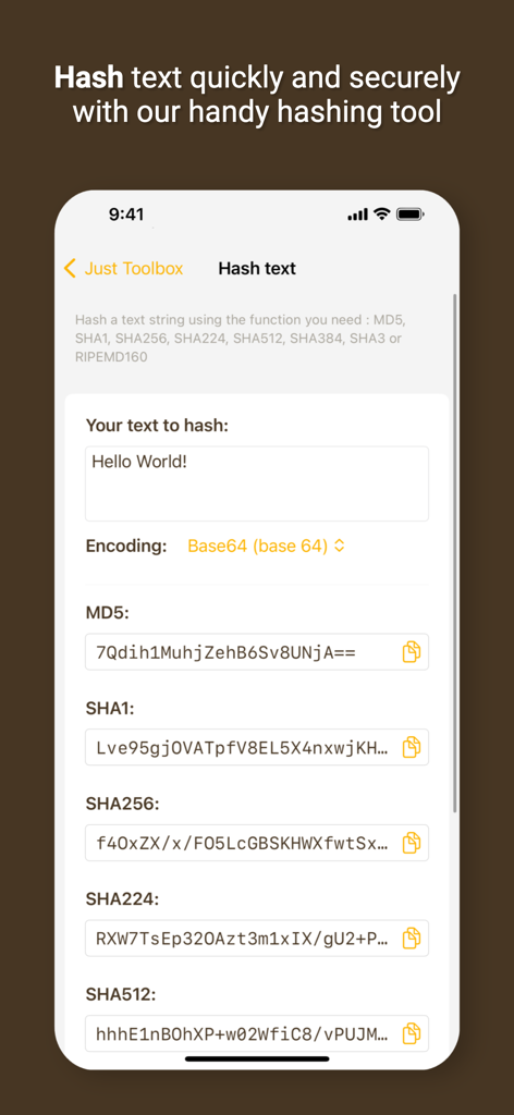 Just Toolbox App-Oberfläche zeigt das Hash-Text-Tool mit mehreren Algorithmusoptionen wie MD5 und SHA256
