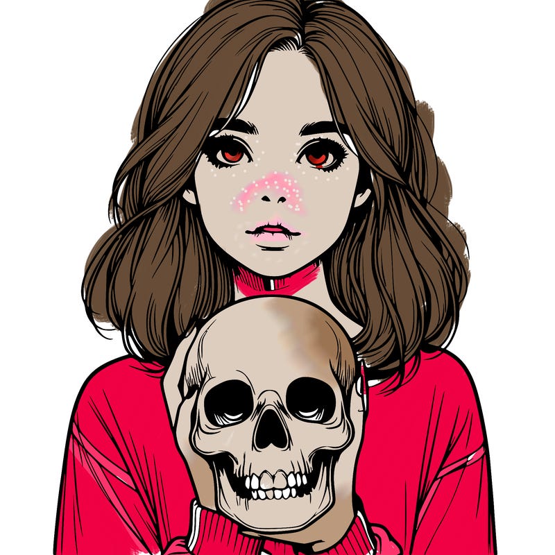 realistic girl holding a skull