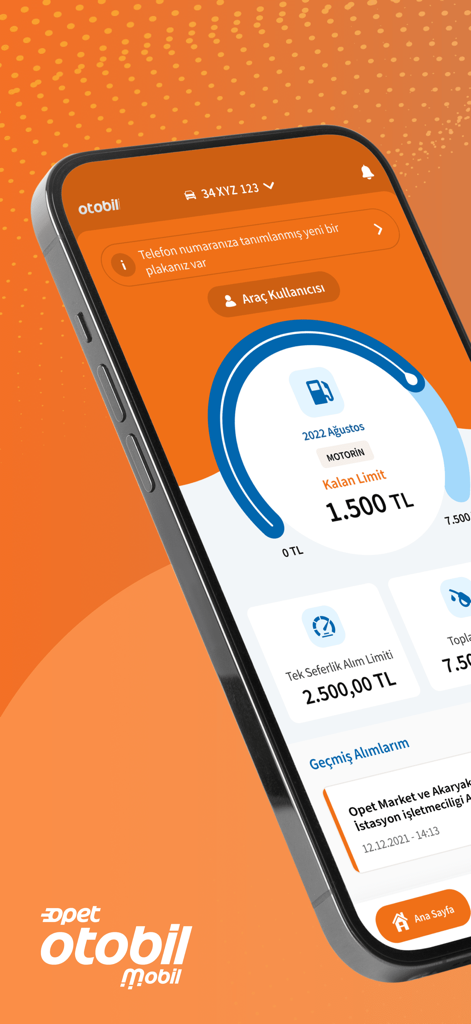 Otobil Mobil App-Oberfläche, die ein Fahrzeug-Dashboard mit Kraftstoffkauf-Limits und Transaktionsverlauf anzeigt.