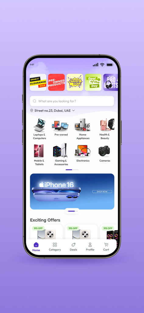 Ourshopee mobile app home screen displaying product categories like electronics and home appliances with daily deal banners.