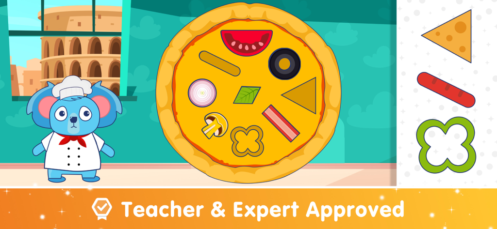 Games for Kids 2 5 Years Old - A blue koala chef standing next to a pizza game designed for kids to match food shapes