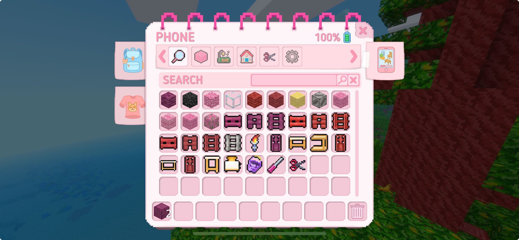 A pink notebook styled inventory screen showing various building blocks and cute decorative items