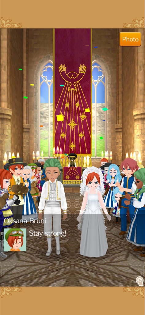 WorldNeverland - Elnea Kingdom - Eine Hochzeitszeremonie in einer Kapelle mit Charakteren im Anime-Stil und Konfetti in WorldNeverland Elnea Kingdom.