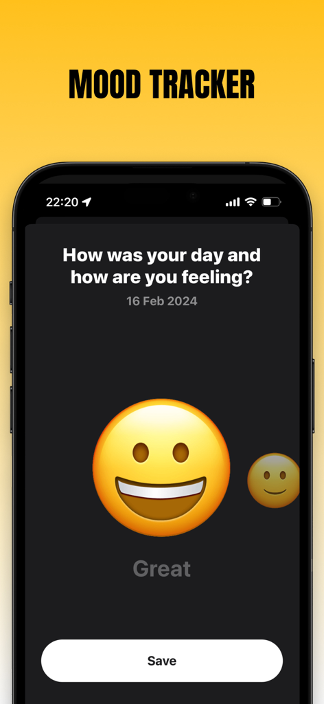 Evo - The Everything App - Mood tracking feature in the Evo app showing a daily wellness check-in with a smiling emoji