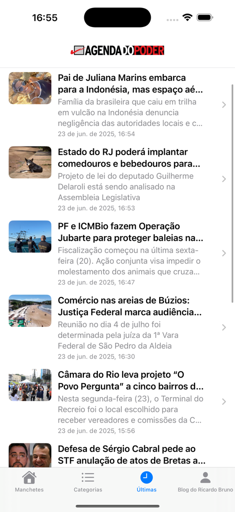 Agenda do Poder app interface showing a list of political news articles and headlines.