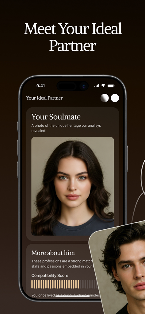 My Heritage & Ancestry: EDNA - EDNAアプリの画面。家系に基づいたソウルメイトの相性を示す理想のパートナー機能が表示されています。