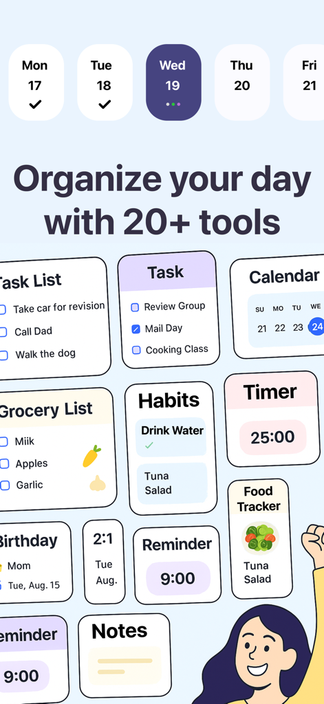 Daily Planner, Schedule: Brite - Una vetrina degli strumenti dell'app Brite, tra cui elenchi di attività, abitudini e un calendario.