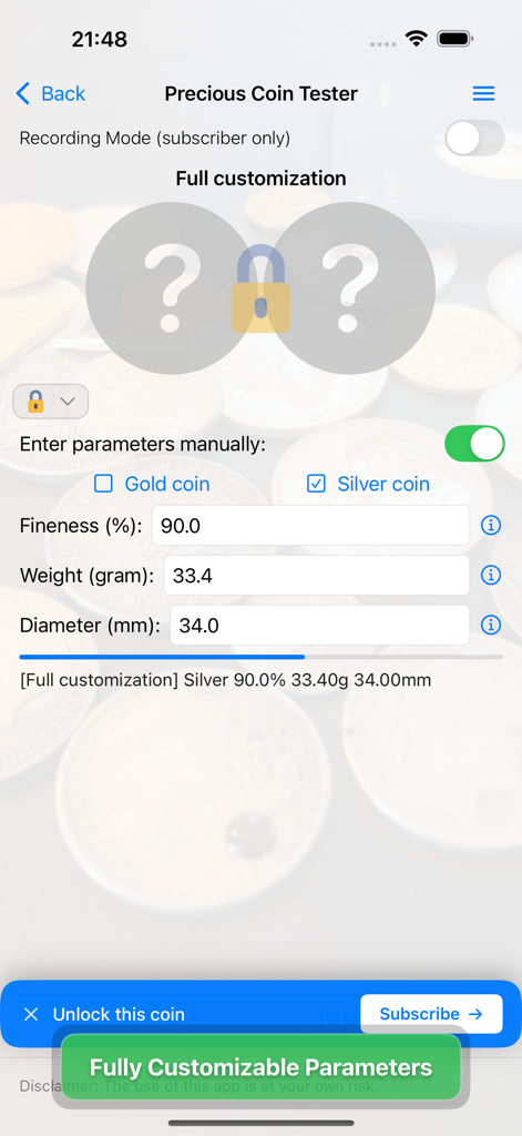 Precious Coin Tester - Mobile app screen for manual entry of coin fineness weight and diameter to verify precious metals