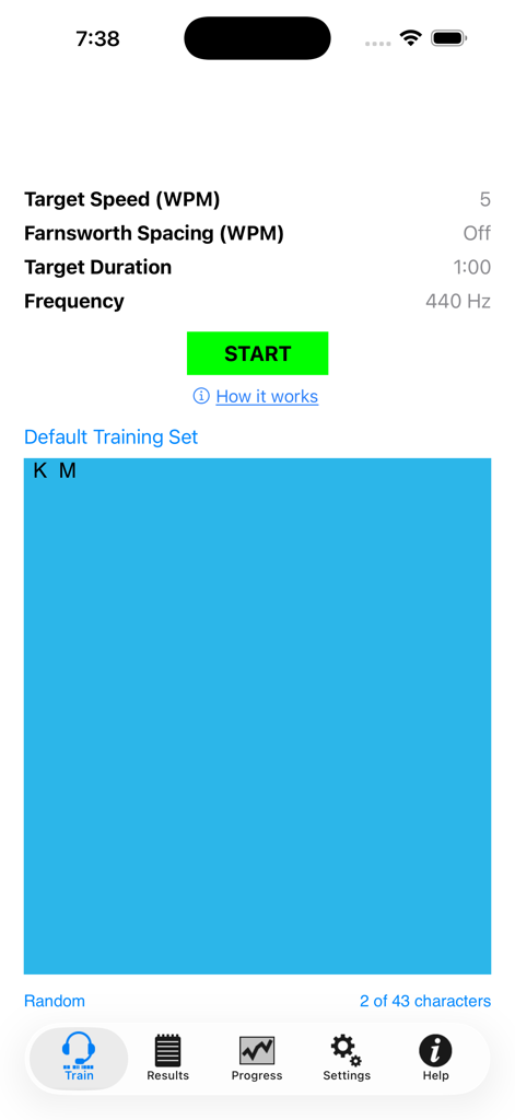 Morse Elmerアプリのインターフェイス。モールス信号の速度と期間のトレーニング設定と開始ボタンが表示されています。
