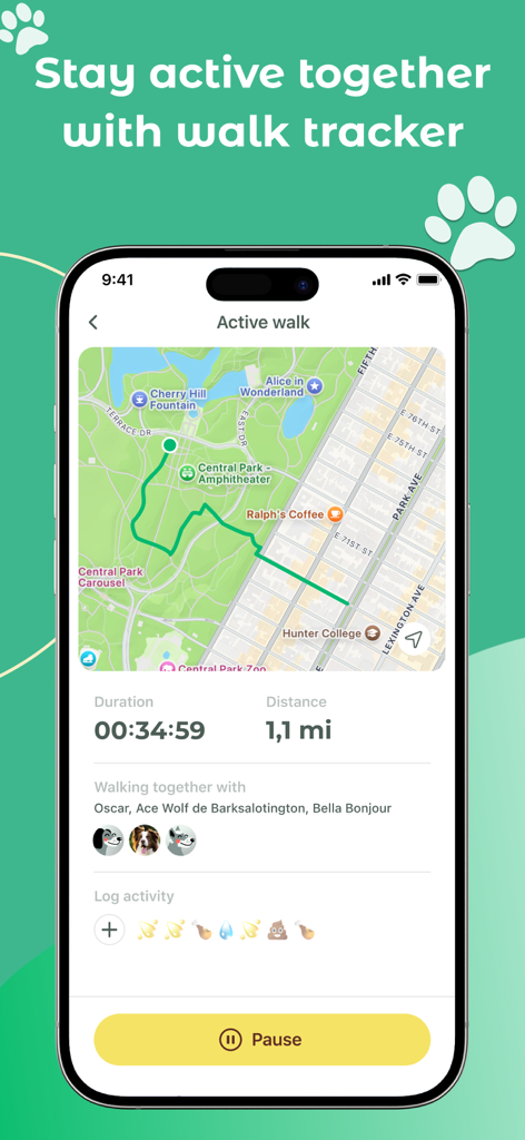 Dogo app screen showing a dog walk tracker with a GPS map and session duration metrics