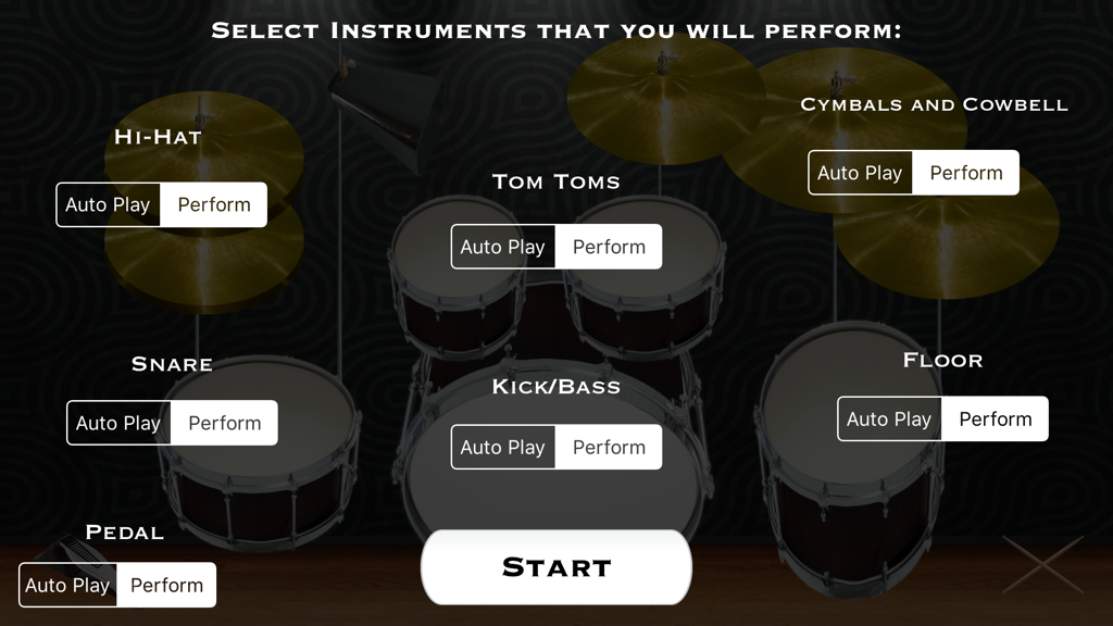 Drums with Beats - Instrument selection screen for the Drums with Beats app showing virtual drum kit parts