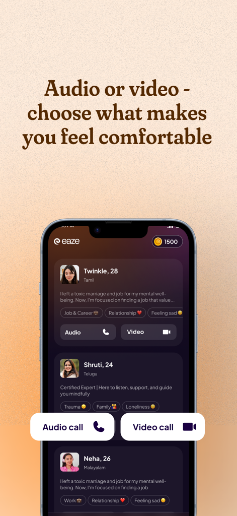 Eaze App: Talk & Feel better - リスナーとのオーディオまたはビデオ通話を選択するためのEazeアプリインターフェイスを示すスマートフォンスクリーン