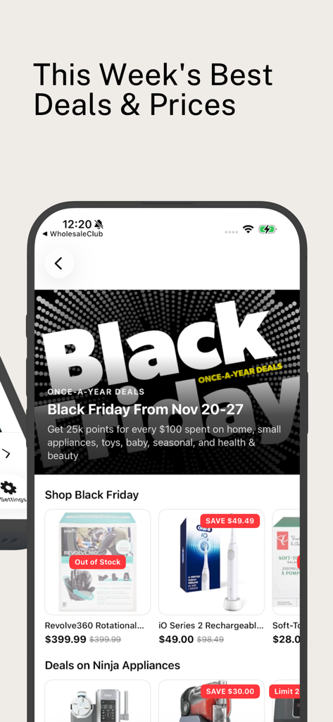 Real Canadian Superstore Deals - 가격 하락 및 재고 상태를 포함하여 캐나다 식료품 브랜드의 블랙 프라이데이 딜을 표시하는 모바일 앱 인터페이스.