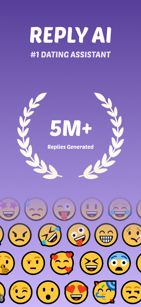 Reply AI - Your Chat Assistant - Reply AI app splash screen featuring the text Number 1 Dating Assistant and 5 million plus replies generated with a collection of emojis.
