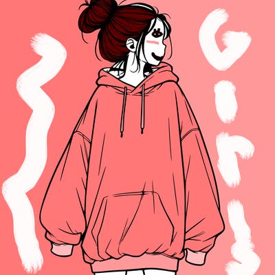 realistic girl with a oversized sweatshirt on and a bun