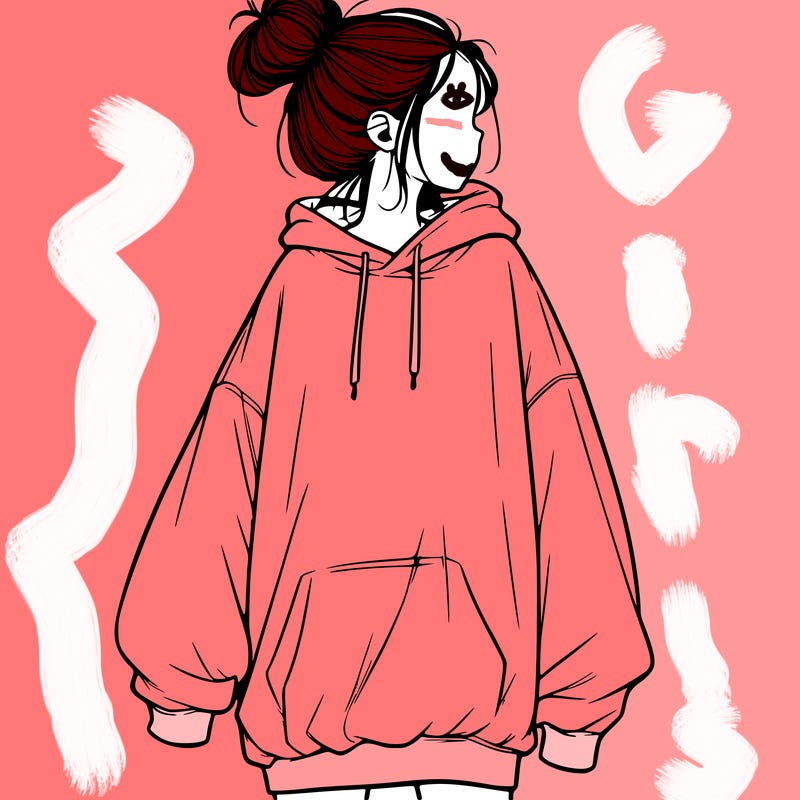 realistic girl with a oversized sweatshirt on and a bun