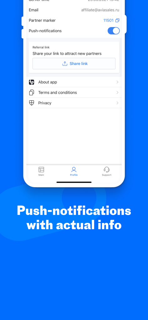 Travelpayouts - Travelpayouts app profile screen showing push notifications toggle and referral link sharing options
