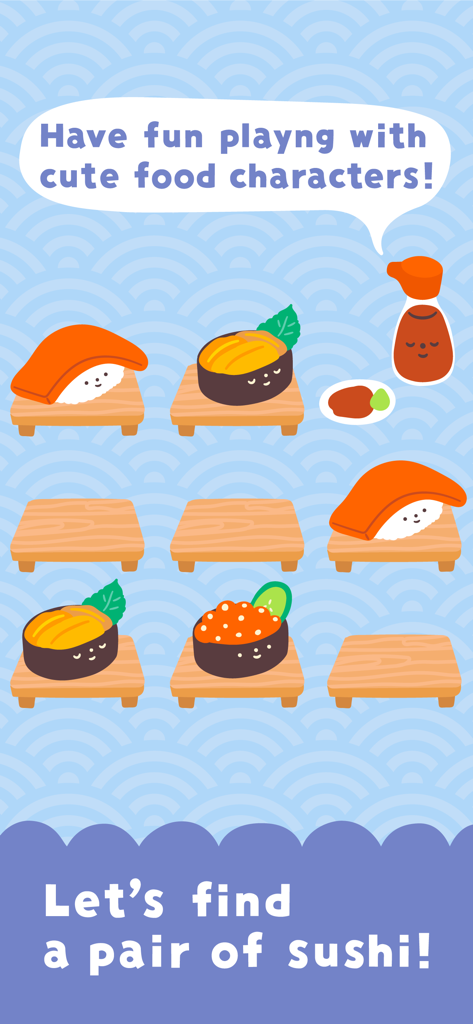 Food Match - Matching pictures - A memory matching game screen from Food Match featuring cute cartoon sushi characters on wooden plates.