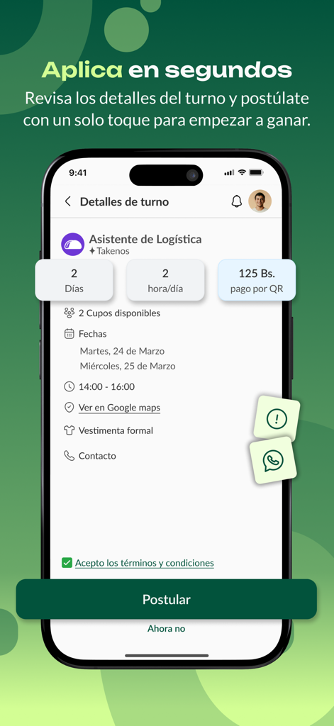 Tu Favorcito - Estudiantes - 학생 물류 보조 작업의 세부 정보, 급여 및 일정, 지원 버튼과 함께 표시하는 모바일 앱 화면