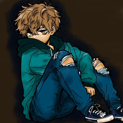 a male hoddie ripped jeans messy hair anime