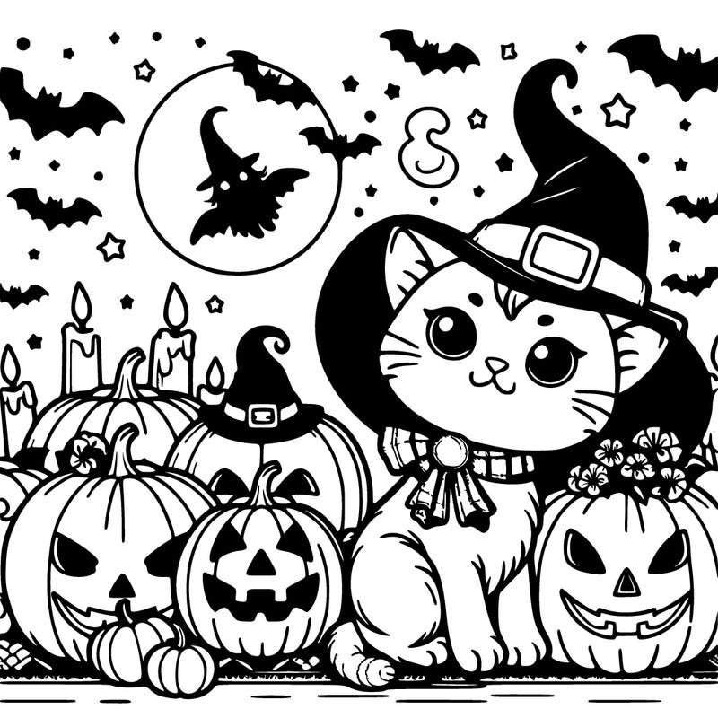 halloween cat with witch and pumpkins