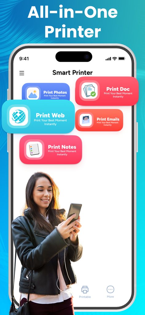 Interfaz de la aplicación Smart Printer en un smartphone mostrando opciones para imprimir fotos, documentos, páginas web y notas