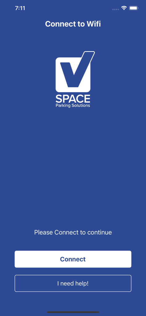 VSpaceParkers - Écran de l'application VSpace Parkers demandant à l'utilisateur de se connecter au wifi pour contrôler les systèmes de range-voiture