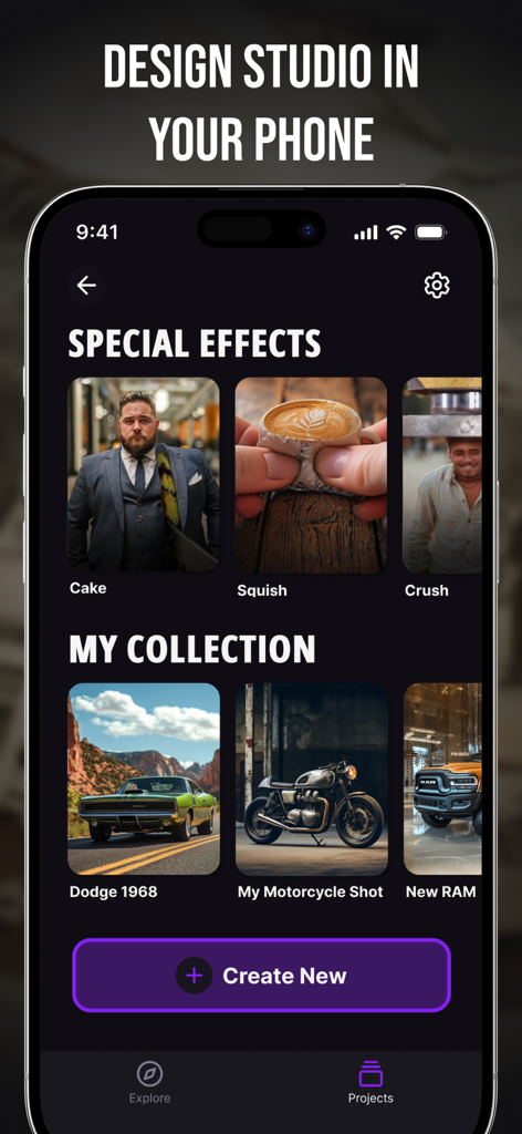 Live Photo: AI Image Generator - App interface showing special effects and a collection of car and motorcycle photos