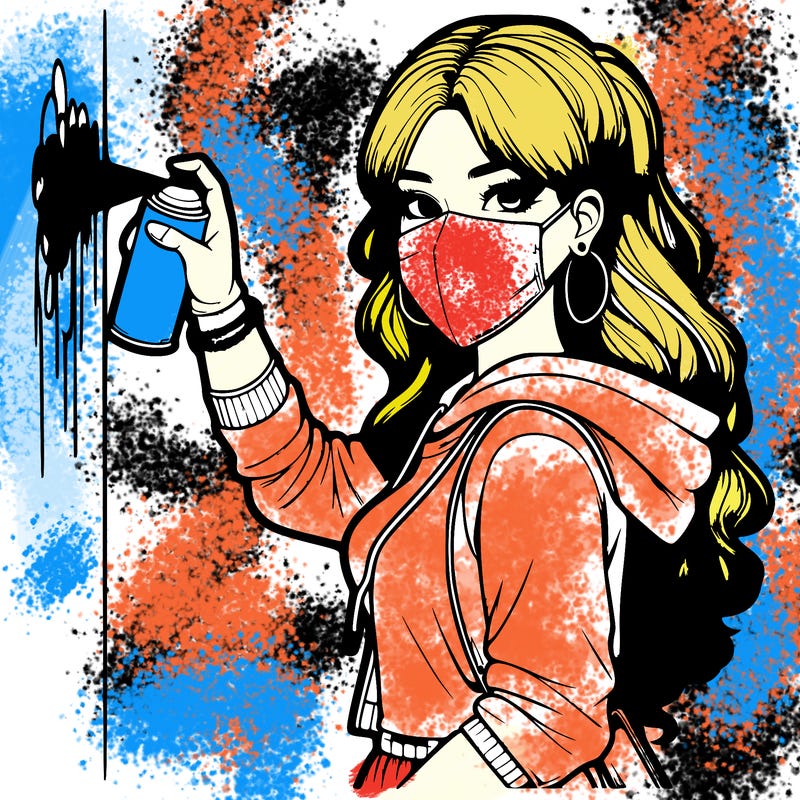 realistic girl with mask spray painting a wall