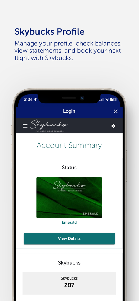 Fly Airlink app Skybucks rewards profile screen showing Emerald membership status and points balance
