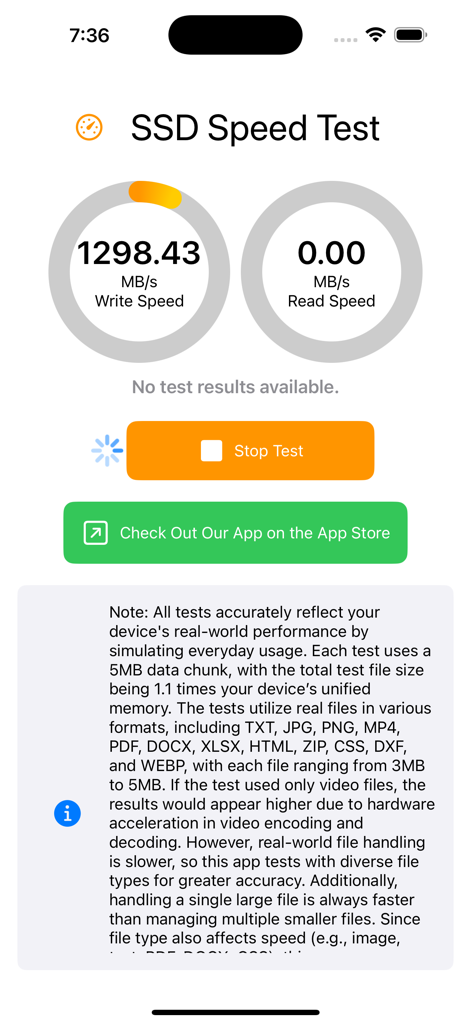 SSD Performance Test - Painel do aplicativo Teste de Desempenho SSD exibindo medição de velocidade de gravação e informações de benchmark
