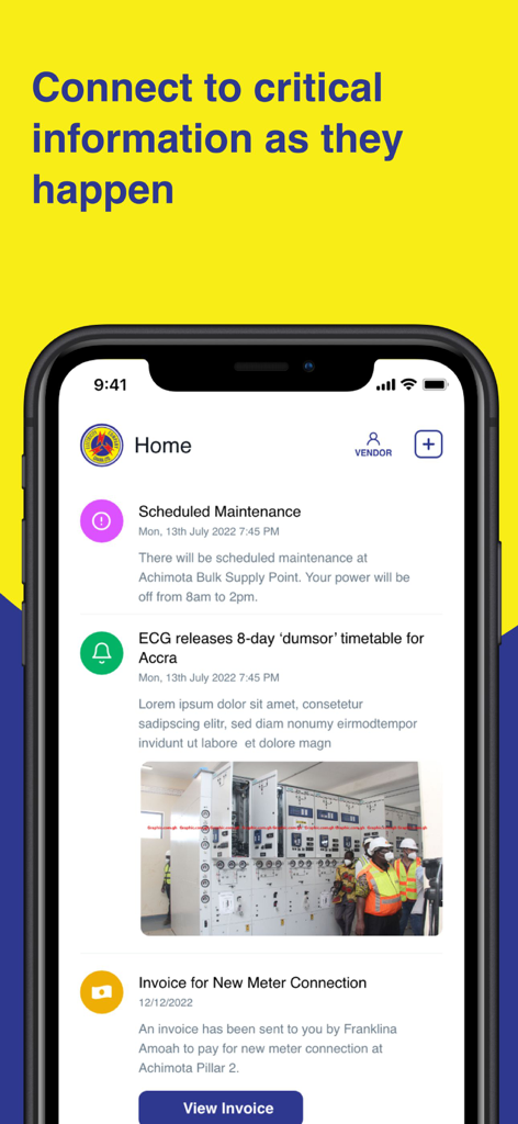 ECG PowerApp home screen displaying real-time utility notifications for scheduled maintenance and power timetables