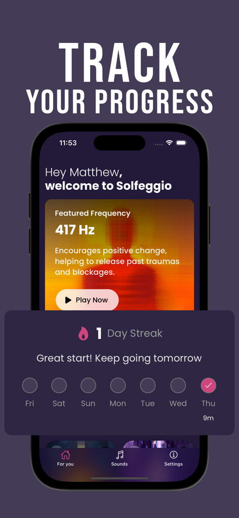 Solfeggio Frequencies - Chakra - Uno schermo mobile che mostra l'app Frequenze Solfeggio con una frequenza in evidenza di 417 Hz e un tracker di striscia di meditazione di un giorno.