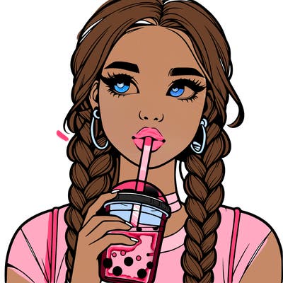 realistic girl with braided hair drinking boba