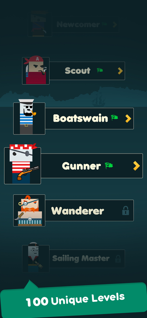 Word War - Word Battle Games - Tela de seleção de nível com personagens piratas no jogo Word War