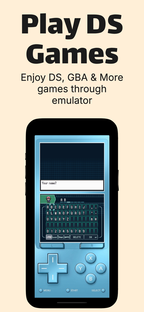 Game Emulator - GBA, DS, NES - Interfaz del emulador de Nintendo DS en un iPhone con controles virtuales.