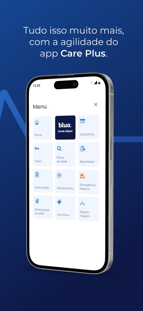 Care Plus - Care Plus mobile app dashboard showing icons for health insurance services like reimbursement network search and travel insurance