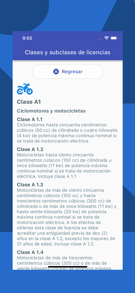 Examen de conducir Motos - Pantalla de información que muestra las clases y subclases de licencia de moto para el examen de conducir argentino