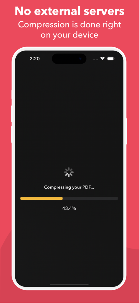 Compress It! PDF Compressor - Pantalla del iPhone mostrando un PDF siendo comprimido localmente en el dispositivo con una barra de progreso y sin servidores externos utilizados