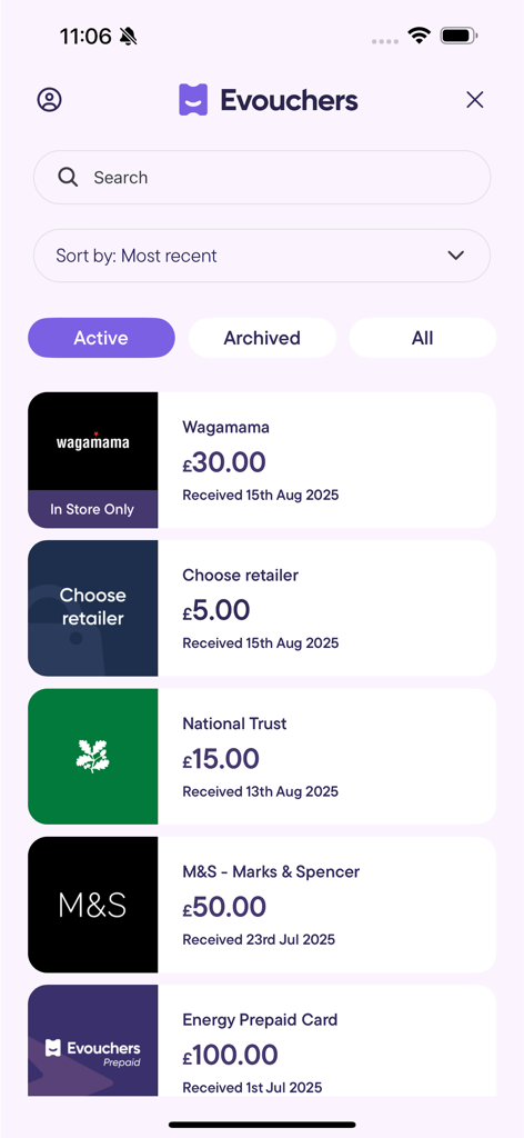 Evouchers app screen displaying a list of active digital vouchers from various retailers with their values.